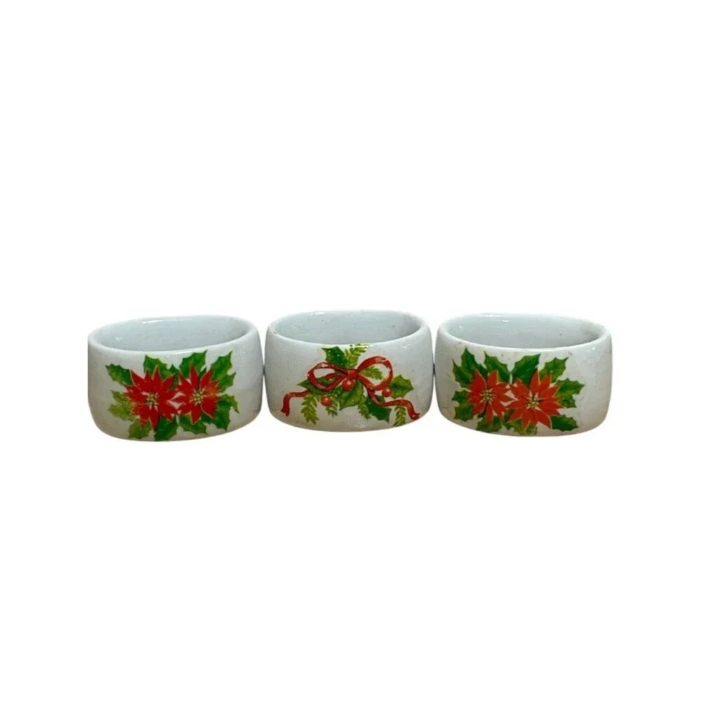 Porcelain Poinsettia & Holly Christmas Napkin Rings Festive Holiday Design 3 Set